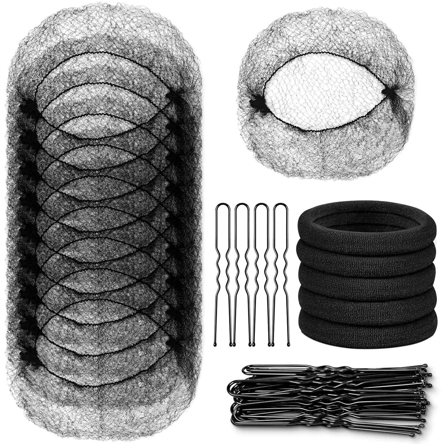 Hair Nets and U Shaped Pins Set - 30 Hair Nets, 30 2.4 INCH Hair Pins, 5 Hair Bands, Brown