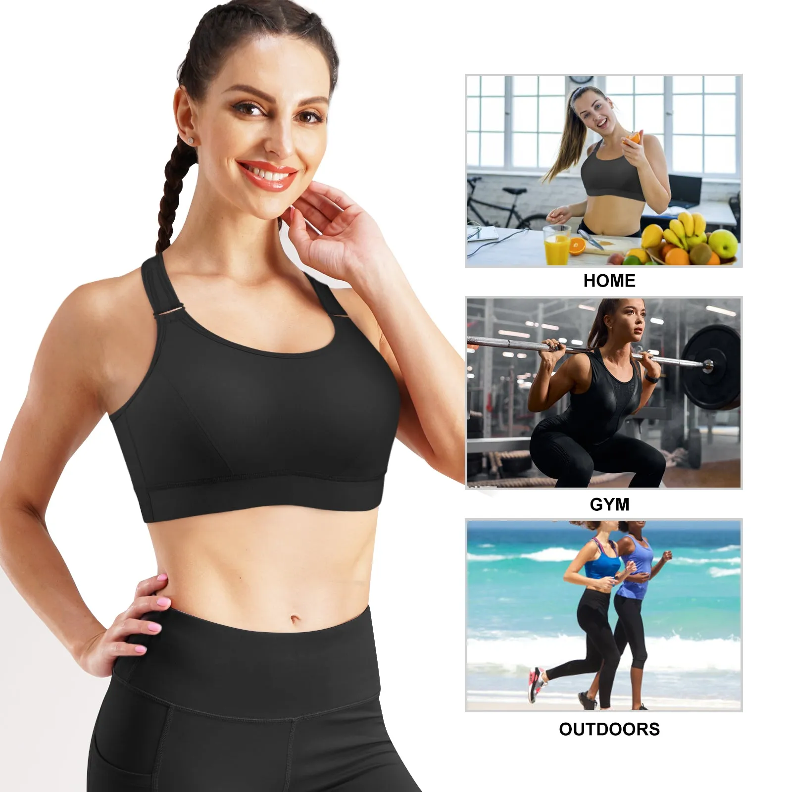 Junlan Women High Impact Front Adjustable Wirefree Padded Racerback Bra