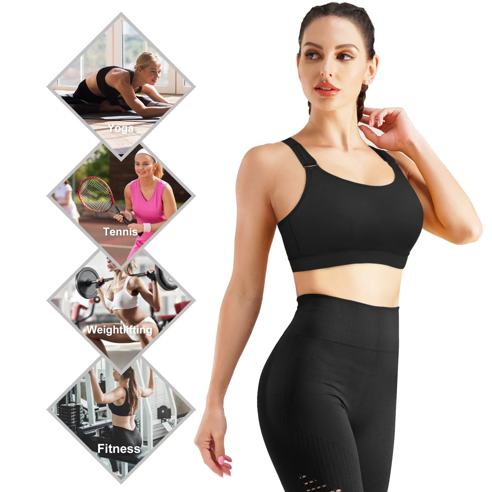 Junlan Women High Impact Front Adjustable Wirefree Padded Racerback Bra
