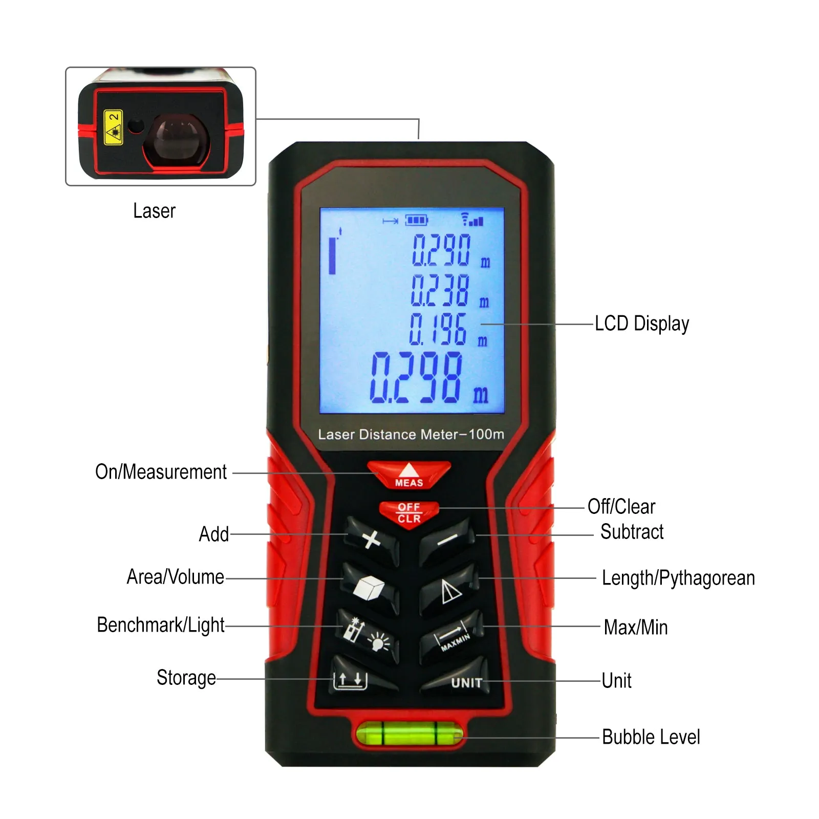 KIB-104 Kibeland Handheld Laser Distance Meter 100m(328ft) Portable Range Finder Area&Volume Measuring Tools Tester with Backlight and Spirit Level, ±1mm accuracy