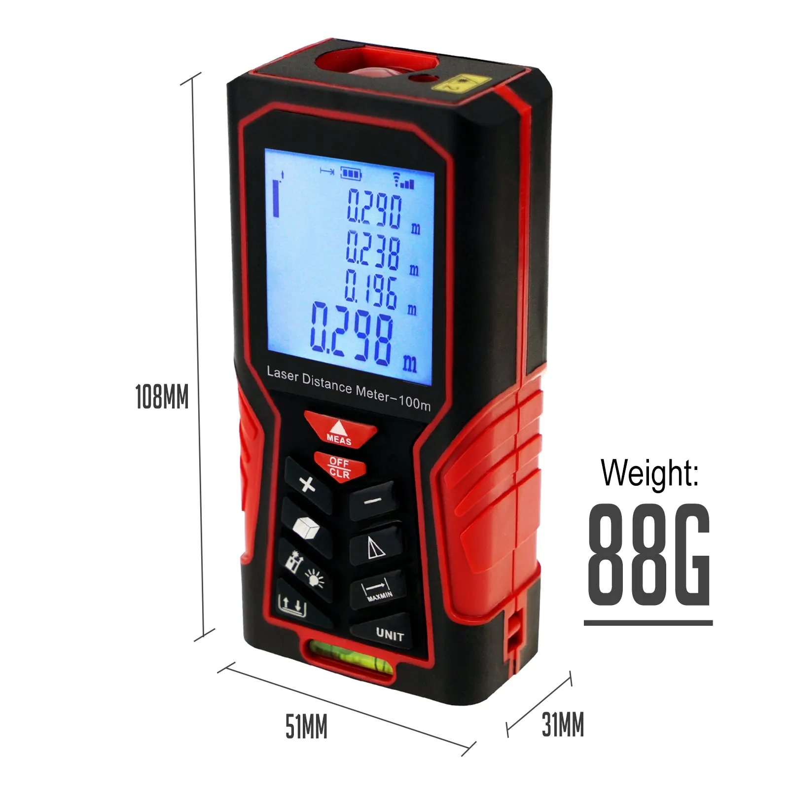 KIB-104 Kibeland Handheld Laser Distance Meter 100m(328ft) Portable Range Finder Area&Volume Measuring Tools Tester with Backlight and Spirit Level, ±1mm accuracy