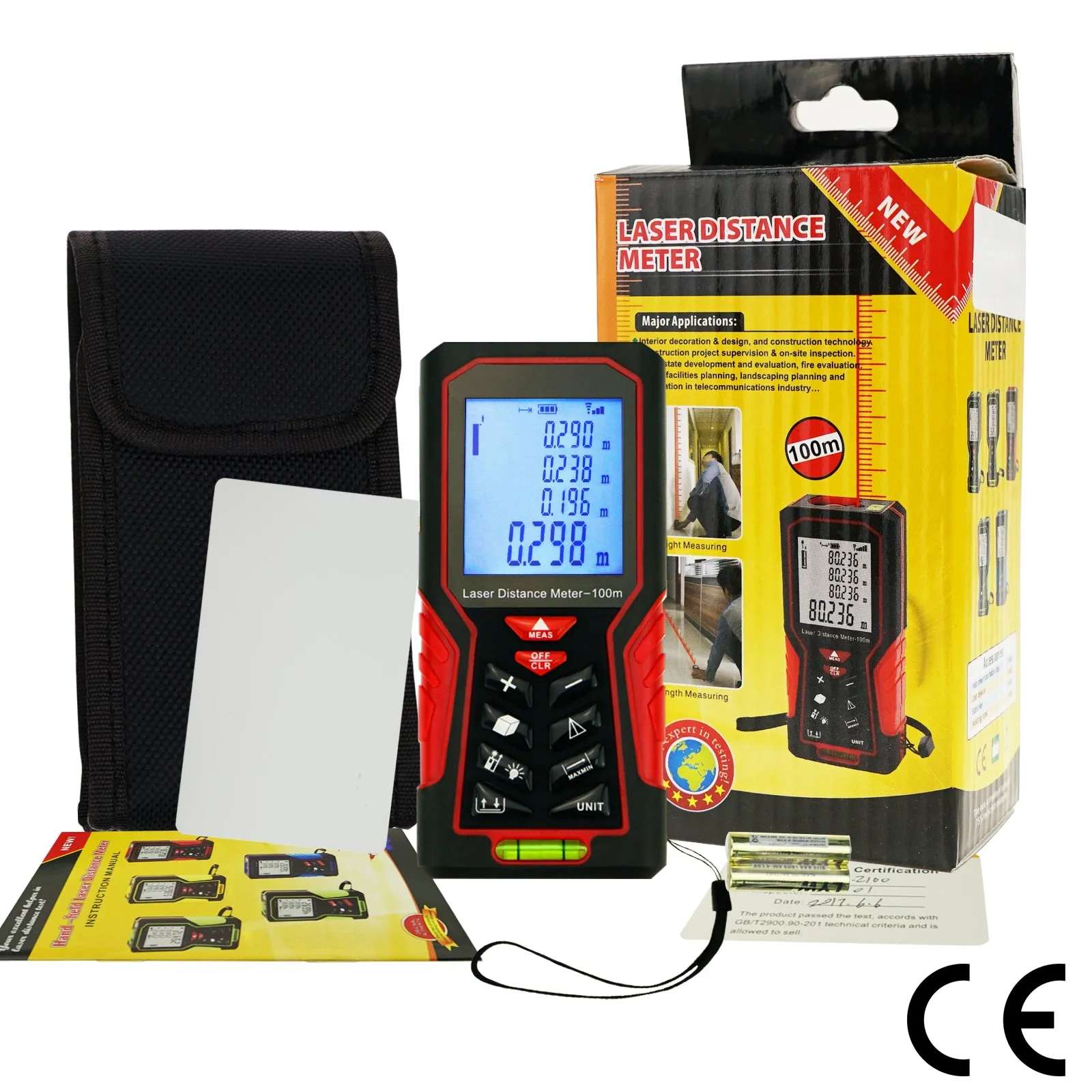 KIB-104 Kibeland Handheld Laser Distance Meter 100m(328ft) Portable Range Finder Area&Volume Measuring Tools Tester with Backlight and Spirit Level, ±1mm accuracy