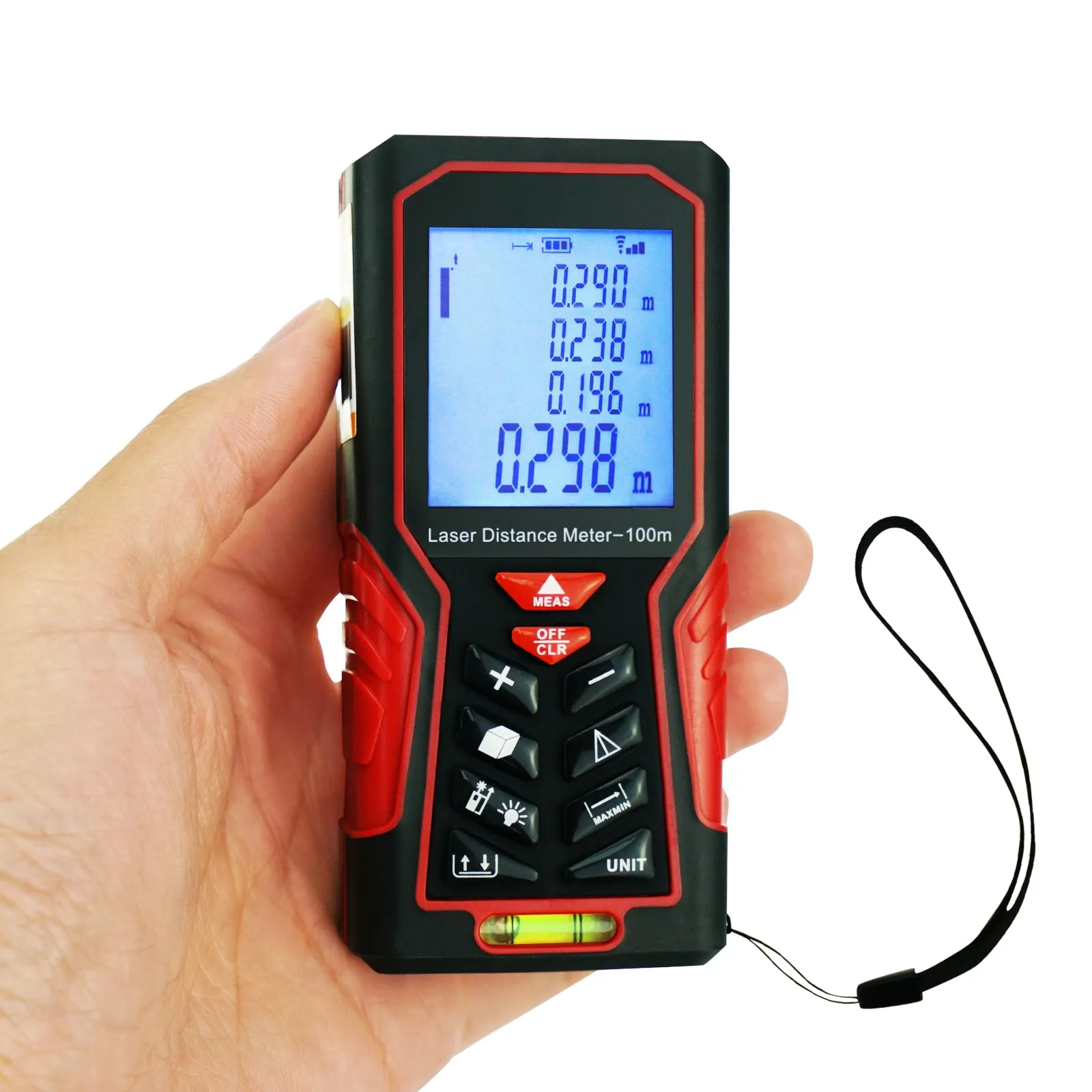 KIB-104 Kibeland Handheld Laser Distance Meter 100m(328ft) Portable Range Finder Area&Volume Measuring Tools Tester with Backlight and Spirit Level, ±1mm accuracy