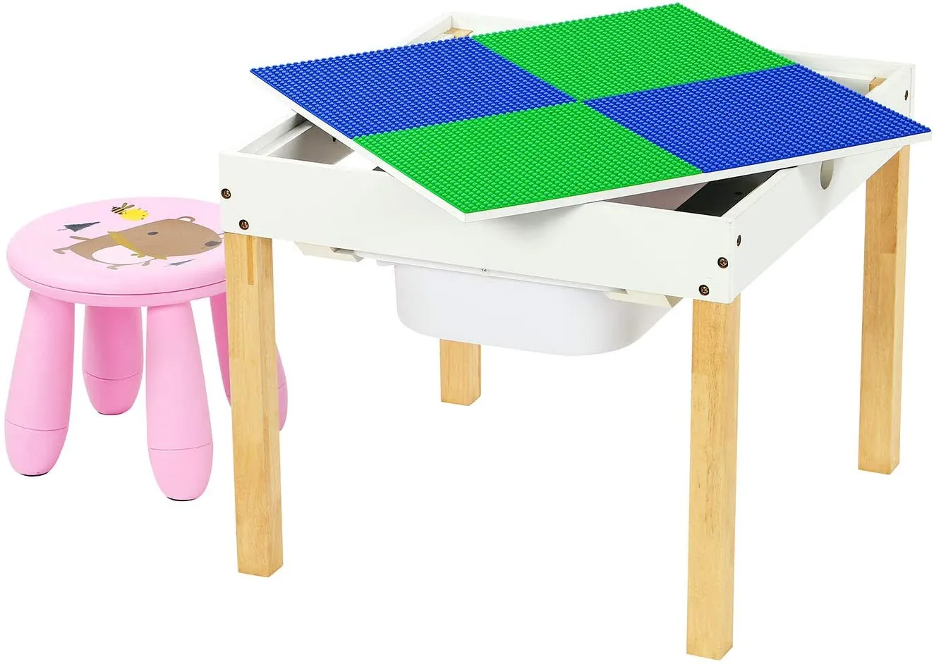 Kids 4-in-1 Wooden Multi-activity Table | Reversible Desk Top | Blackboard Desk | Storage | Pink Stool