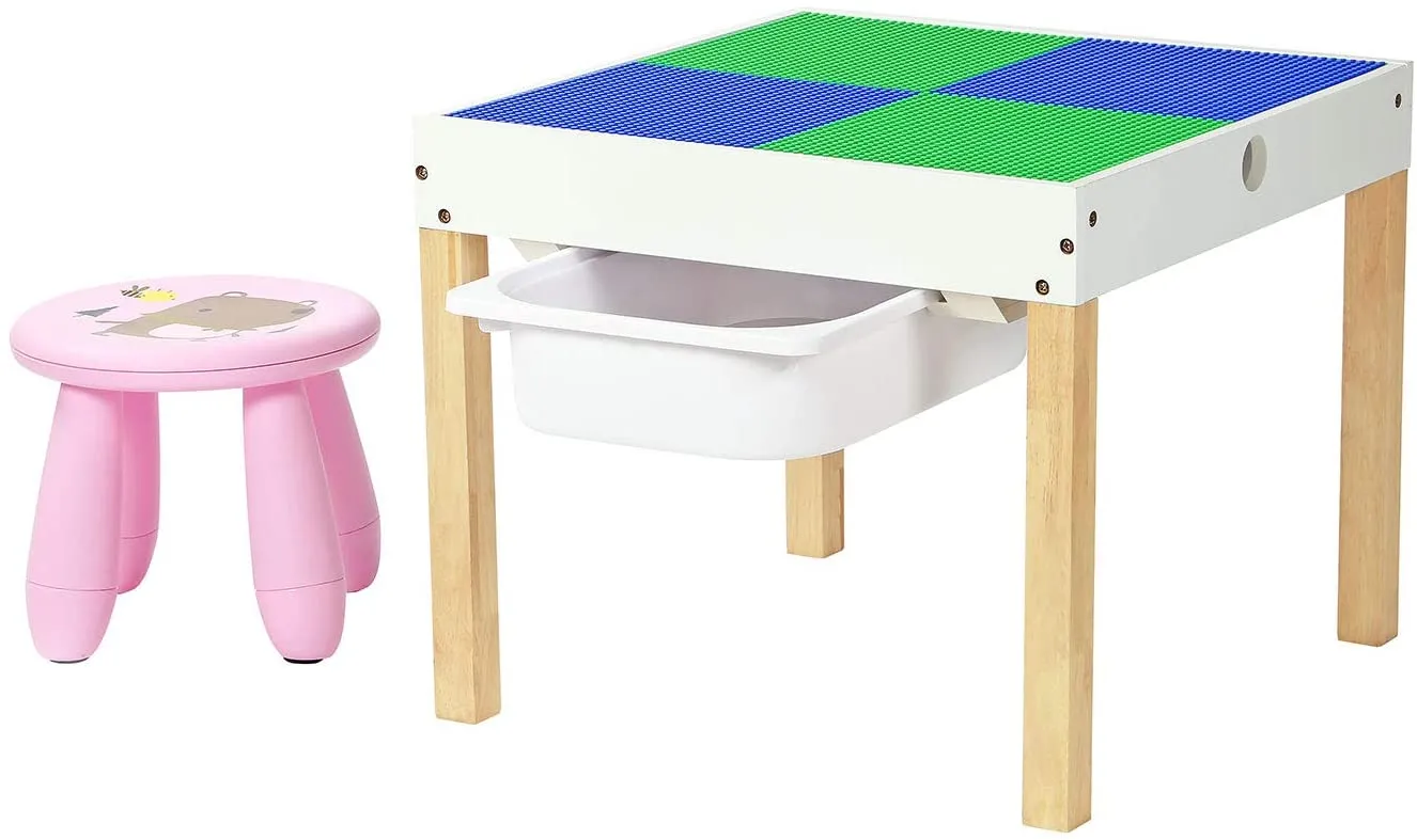 Kids 4-in-1 Wooden Multi-activity Table | Reversible Desk Top | Blackboard Desk | Storage | Pink Stool