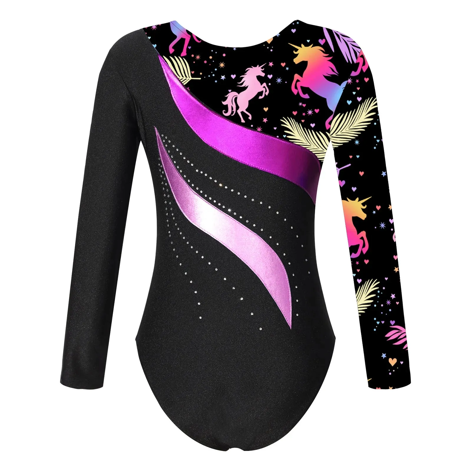 Kids Girls Long Sleeve Ballet Dance Leotard: Printed Jersey Bodysuit for Skating and Stage Performances