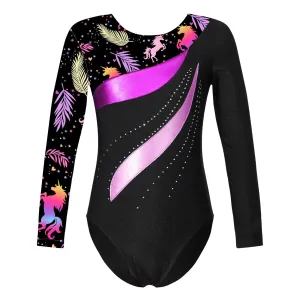 Kids Girls Long Sleeve Ballet Dance Leotard: Printed Jersey Bodysuit for Skating and Stage Performances