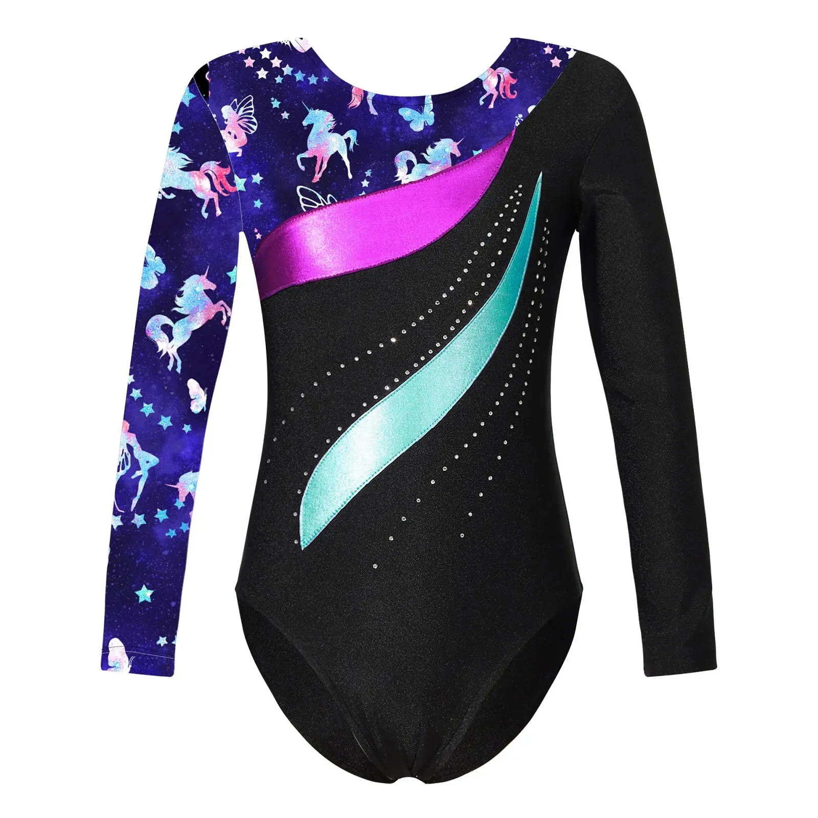 Kids Girls Long Sleeve Ballet Dance Leotard: Printed Jersey Bodysuit for Skating and Stage Performances