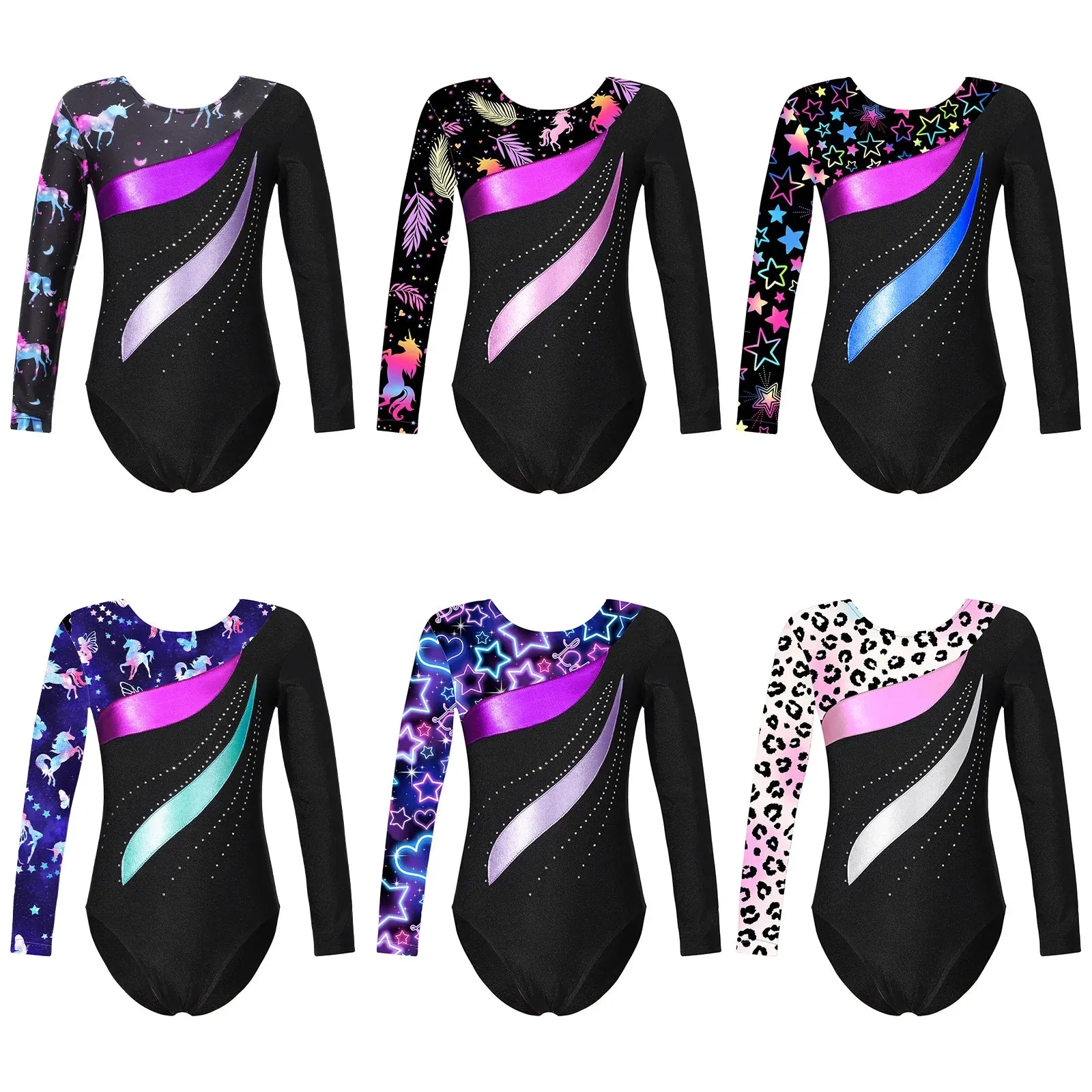 Kids Girls Long Sleeve Ballet Dance Leotard: Printed Jersey Bodysuit for Skating and Stage Performances
