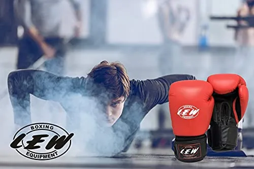 LEW Red/Black Boxing Gloves for Training/ Muay Thai/Punching Bag/Sparring with a Pair of Hand Wraps (Red, 12 OZ)