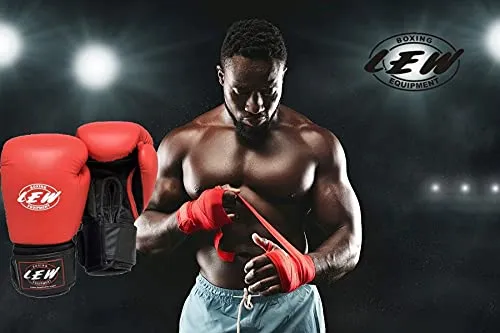 LEW Red/Black Boxing Gloves for Training/ Muay Thai/Punching Bag/Sparring with a Pair of Hand Wraps (Red, 12 OZ)
