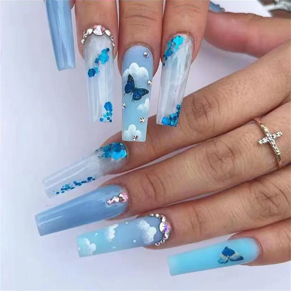 Long Coffin Blue Ice Butterfly Sparkle Diamond