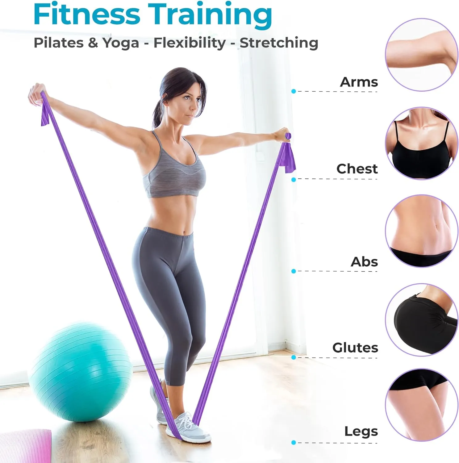 Long Resistance Bands (Set of 5) - Grey, Red, Purple, Blue, Green
