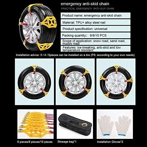 New MACHSWON Anti-Skid Snow Chains for Tyres Portable Easy to Mount Emergency Traction Car Snow Tire Chains Universal for Tyres Width 165-275mm(6Pcs)