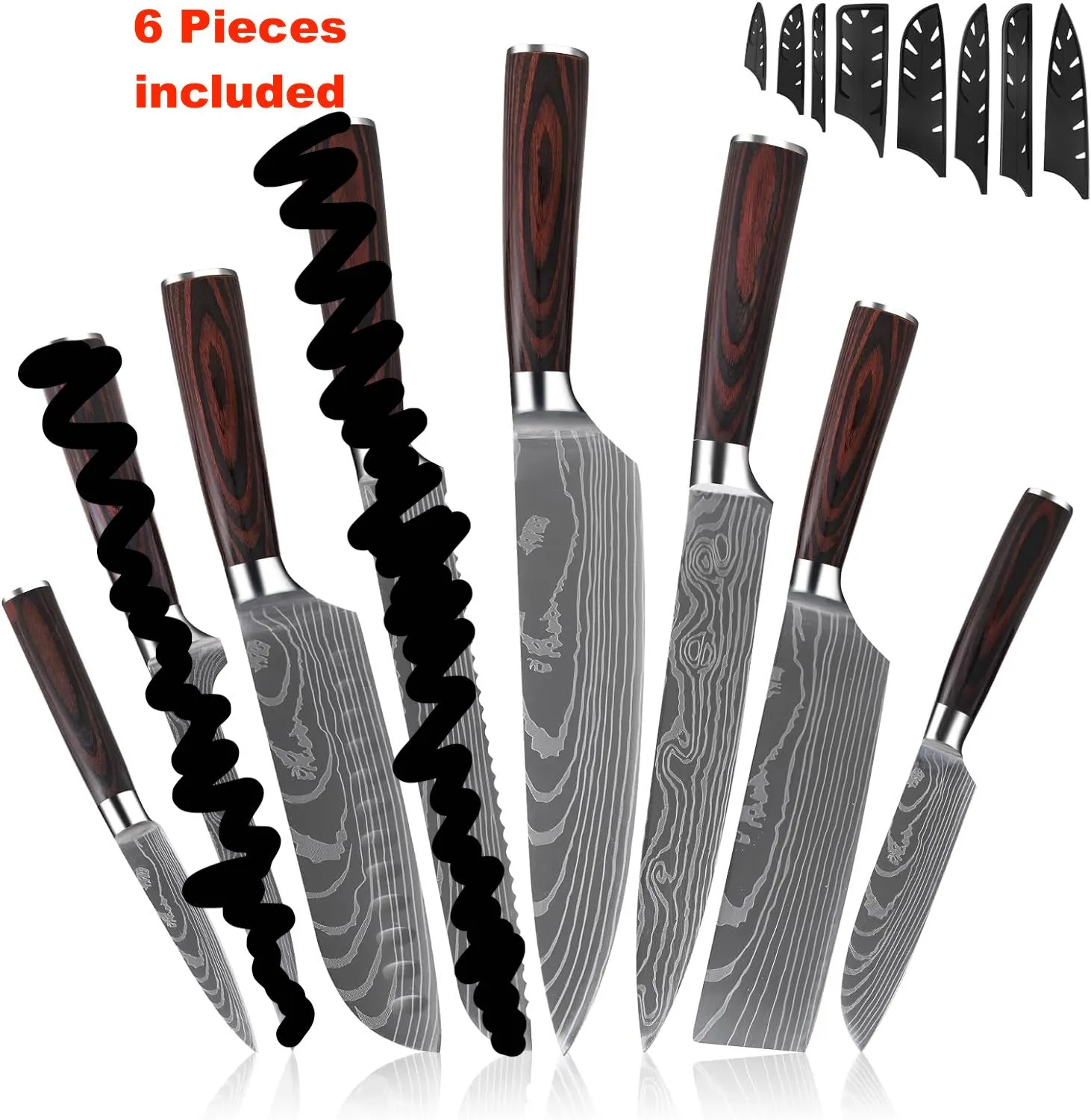 New Slok Kitchen Knife Set, 6 Pcs High Carbon Stainless Steel Chef Knife Set with Ergonomic Balance Handle & Sheath, Ultra Sharp Professional Japanese Knife Set for Cutting, Peeling & Slicing