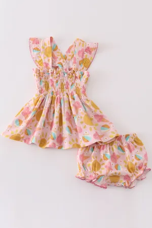 Premium Pink Muslin Sun Ice Cream Smocked Baby Set