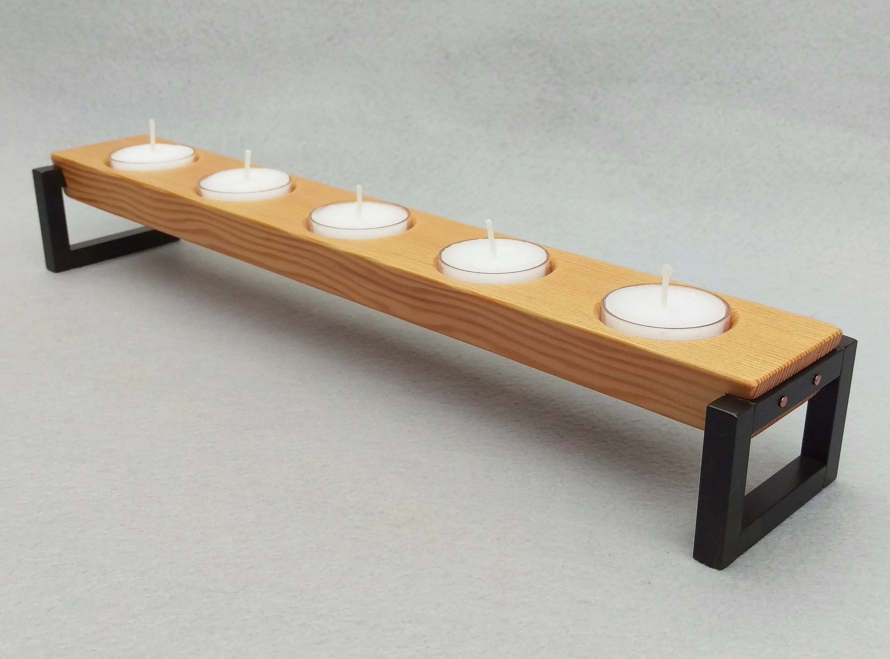 Rustic Wood and Metal Tealight Candle Holder - Tabletop Candle Holder - Fir, Steel, Copper Votive Holder - Candles Included