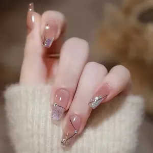 Short coffin Line diamond ice transparent glitter nude
