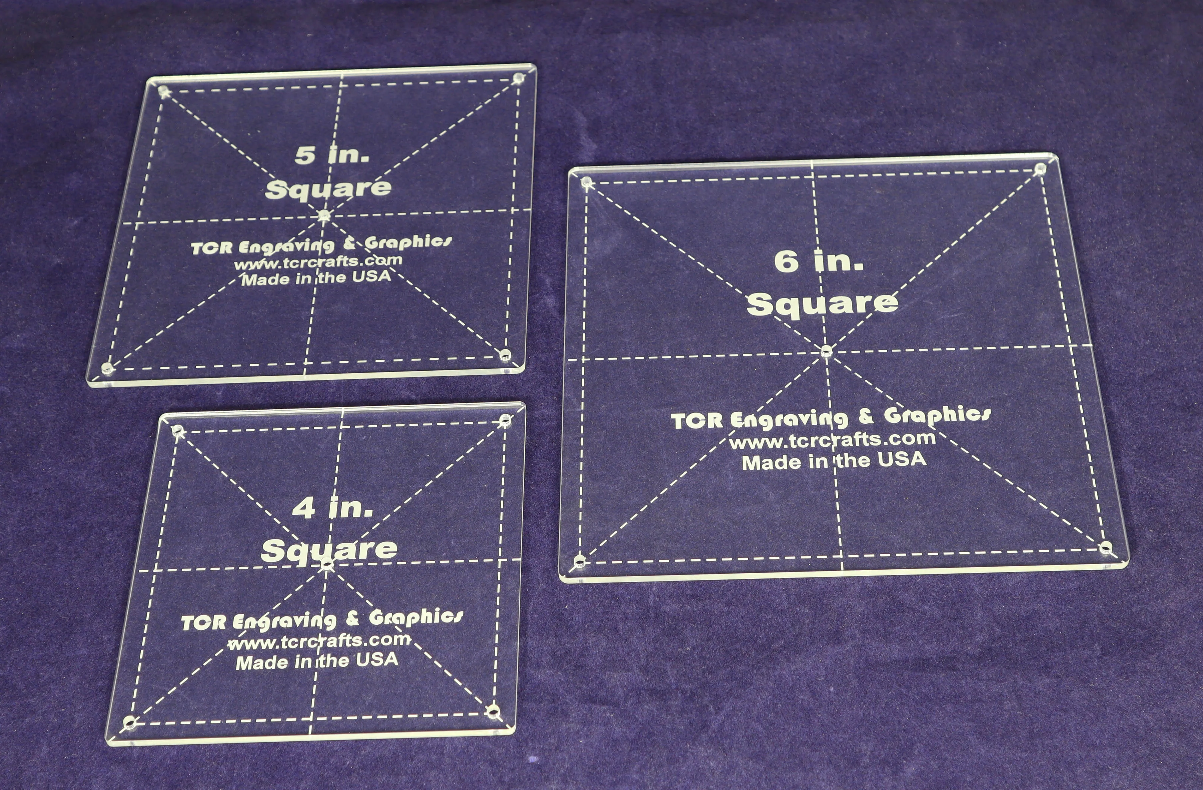 Square Quilt Templates. 4, 5, 6 Inches . - Clear with Seam and Guideline Holes 1/8 Inch