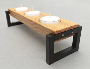 Tealight Candle Holder Wood and Metal - Fir, Steel, and Copper Rustic Votive Holder - 3 Candles Included