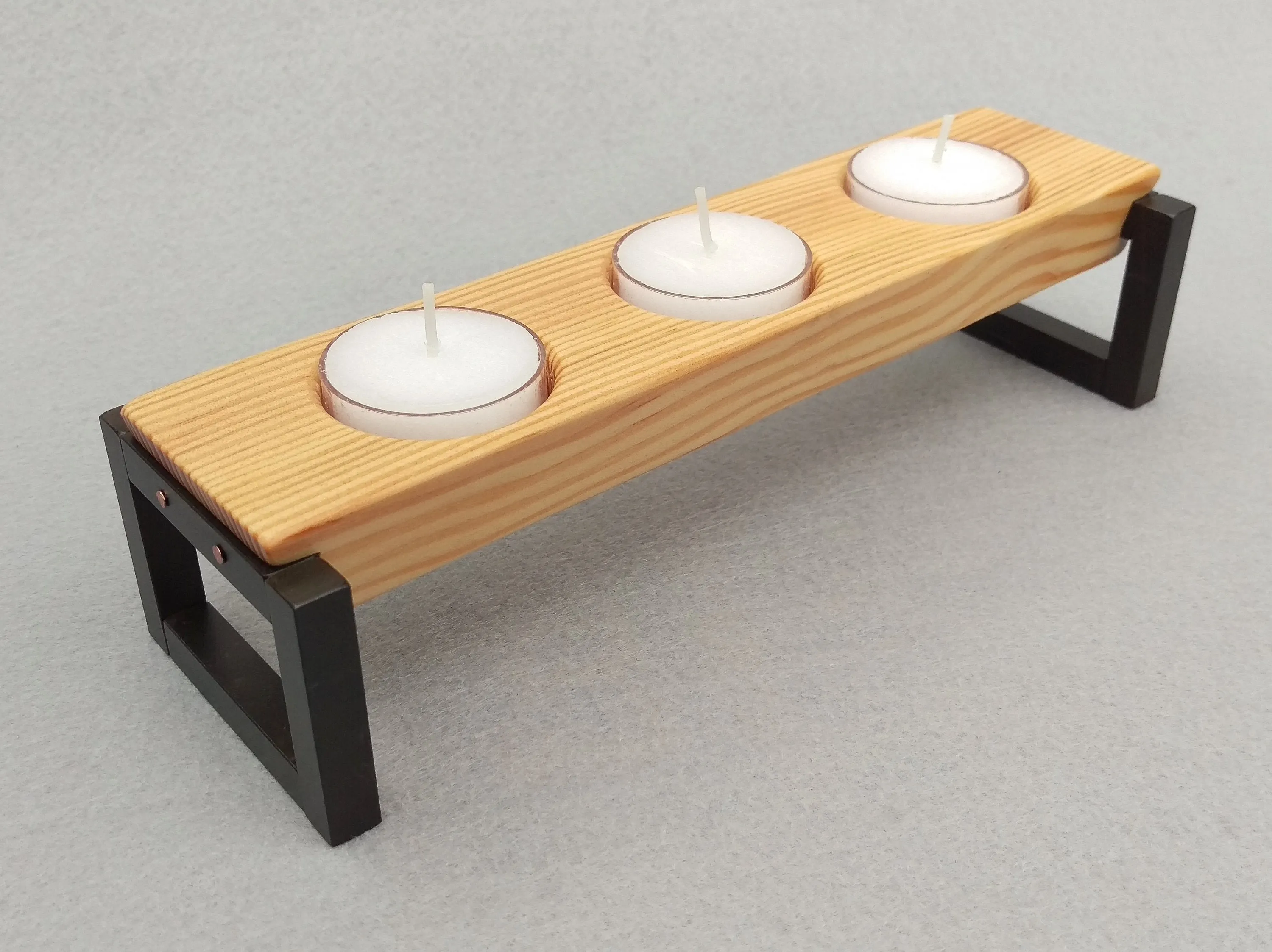 Tealight Candle Holder Wood and Metal - Fir, Steel, and Copper Rustic Votive Holder - 3 Candles Included