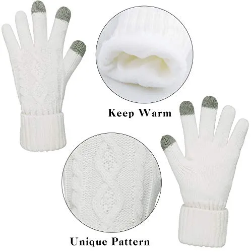 Warm Scarf Glove Hat Beanie Set - Cable Knit Winter Gift Set Pom Cap Touch Screen Glove Long Scarf 3 PCS Set for Women (Cream)