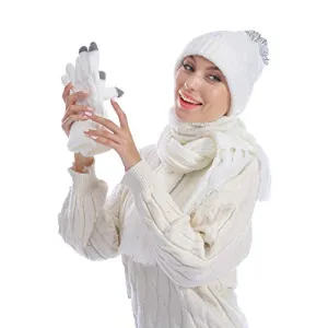 Warm Scarf Glove Hat Beanie Set - Cable Knit Winter Gift Set Pom Cap Touch Screen Glove Long Scarf 3 PCS Set for Women (Cream)