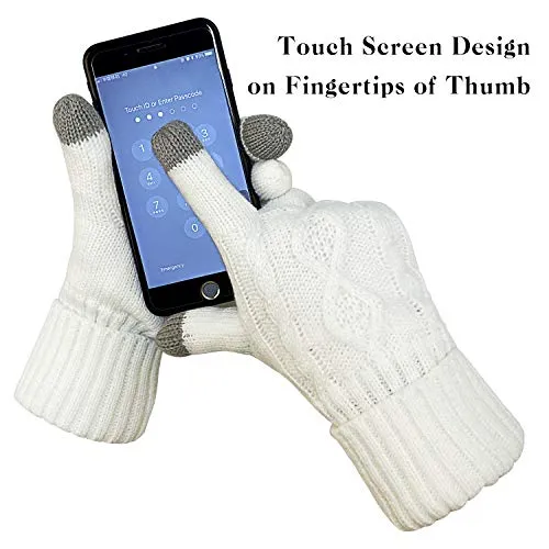 Warm Scarf Glove Hat Beanie Set - Cable Knit Winter Gift Set Pom Cap Touch Screen Glove Long Scarf 3 PCS Set for Women (Cream)
