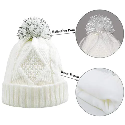 Warm Scarf Glove Hat Beanie Set - Cable Knit Winter Gift Set Pom Cap Touch Screen Glove Long Scarf 3 PCS Set for Women (Cream)