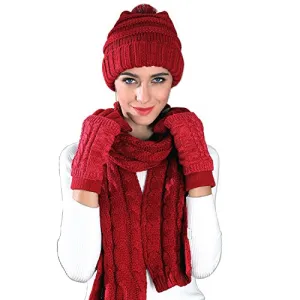 Warm Scarf Glove Hat Beanie Set - Cable Knit Winter Gift Set Pom Cap Touch Screen Glove Long Scarf 3 PCS Set for Women