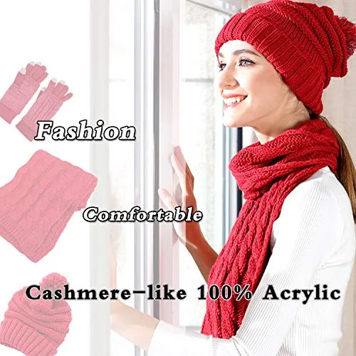 Warm Scarf Glove Hat Beanie Set - Cable Knit Winter Gift Set Pom Cap Touch Screen Glove Long Scarf 3 PCS Set for Women