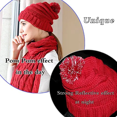 Warm Scarf Glove Hat Beanie Set - Cable Knit Winter Gift Set Pom Cap Touch Screen Glove Long Scarf 3 PCS Set for Women