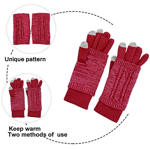 Warm Scarf Glove Hat Beanie Set - Cable Knit Winter Gift Set Pom Cap Touch Screen Glove Long Scarf 3 PCS Set for Women
