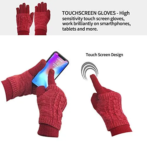 Warm Scarf Glove Hat Beanie Set - Cable Knit Winter Gift Set Pom Cap Touch Screen Glove Long Scarf 3 PCS Set for Women