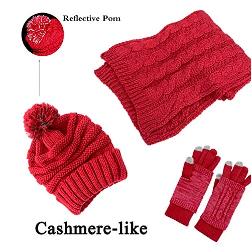 Warm Scarf Glove Hat Beanie Set - Cable Knit Winter Gift Set Pom Cap Touch Screen Glove Long Scarf 3 PCS Set for Women