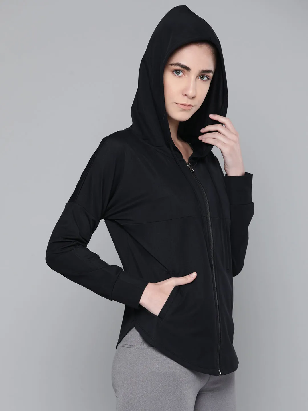 Women's Black Solid Lightweight Hooded Training Jacket